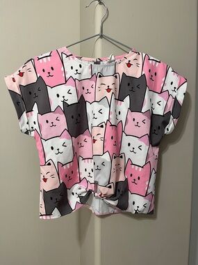 SHEIN Pink White & Black Cat Print Crop Top